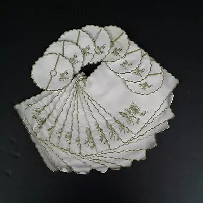 Vintage 12 Floral Embroidered Cocktail Napkins & 8 Matching Wine Glass Coasters • $29.99