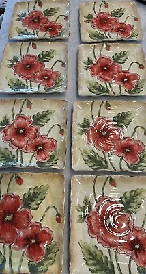 Set (8) Maxcera Hand Painted Red Poppies Ceramic Square Salad Plates 8 3/4” EUC • $65