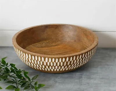 Lg Hand Carved Mango Wood Serving Bowl 11.5  Round Salad Fruit Veggie Bowl India • $39