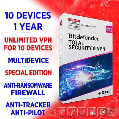 Bitdefender Total Security 2024 & Premium Unlimited VPN 10 Devices 1 Jahr • $136.99