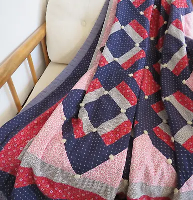 Vtg Handmade Log Cabin Patchwork Quilt Red Navy Blue Calico Hand Tied 56 X 56  • $27.50