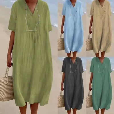 Ladies Cotton Linen V Neck Midi Dress Women Short Sleeve Party Loose Long Dress • £12.36