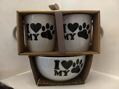 I Love My Pets Paw Coffee Cups Dog Bowl Gift Set • $34.50