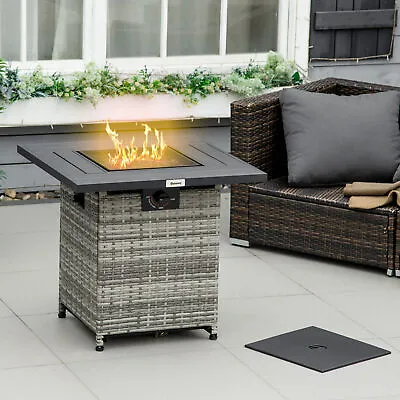 Rattan Gas Fire Pit Table W/ Mesh Lid & Rain Cover Lava Stone 40000 BTU • £179.99