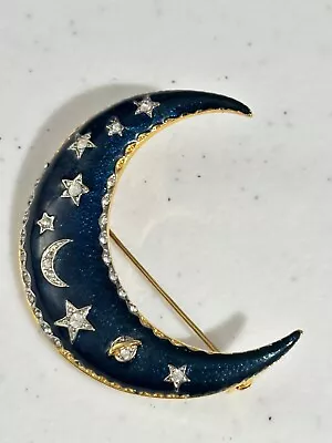 Costume Blue Moon Brooch With Stars And A Planet Enamel And Rhinestone • $19