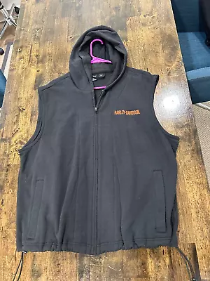 Harley Davidson Vest Mens XL  XLarge Black Zip Up Sleeveless Hooded Bungee Cords • $24.95