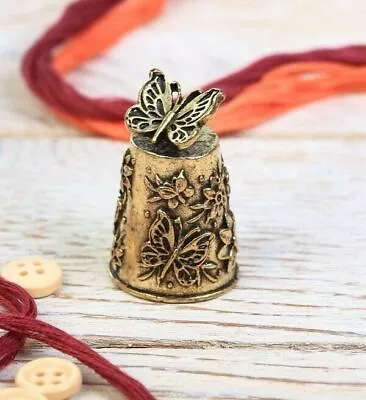 Thimble BUTTERFLY & FLOWERS Solid Brass Metal Russian Souvenir Collection • $22.50