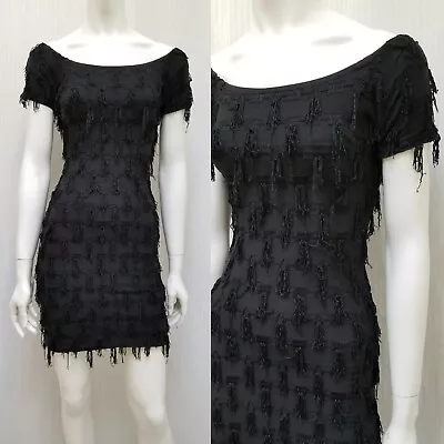 Vintage 80/90s MODET Of California Black FRINGE Stretch Bodycon Dress - Size XS • $54