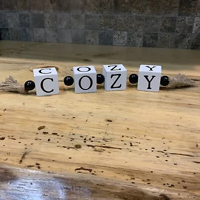 £9.82 • Buy Wood Block Letters COZY Tabletop Home Decor Rope Fringe Rustic Country Farmhouse
