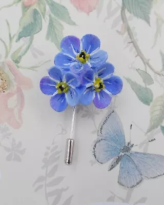 Large FORGET-ME-NOT PIN Forget-Me-Not Brooch Friendship Lapel Pin HAND PAINTED • $13.66