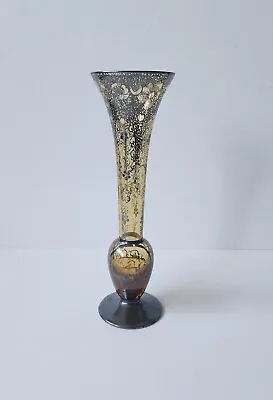 Antique Venetian Argento Sterling Silver Overlay Hand Painted Yellow Glass Vase • $29