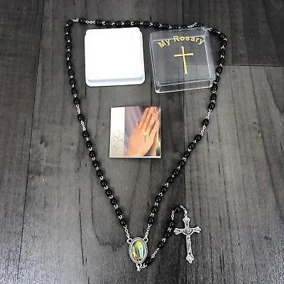 Catholic Prayer Rosary Black Wood Beads Mary Lourdes Medal & Crucifix Booklet • £8.37