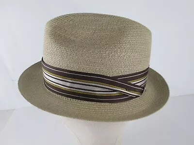 Vintage Stetson Straw Fedora Tan Brown Stiped Band Size 7-1/4 Long Oval USA Made • $69.99