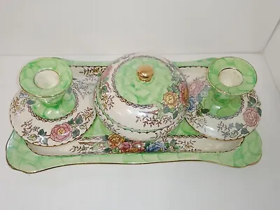 MALING Peony Rose/Green Waved Dressing Table Set 1930s-Tray2xCandlesticks&Pot • £65