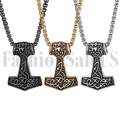 Men's Stainless Steel Norse Viking Thors Hammer Mjolnir Pendant Necklace Chain • $10.59