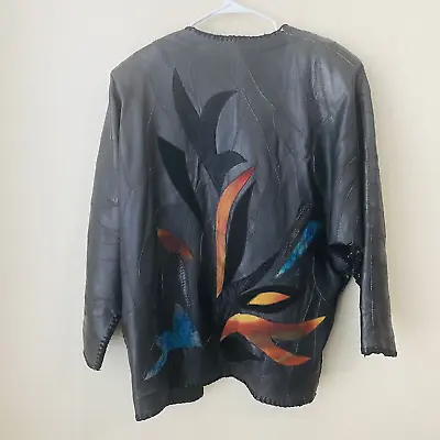 Vintage Leather Jacket Womens Size XL Black Dolman Style Patch • $85