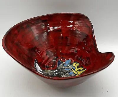 Studio Made Pottery Bowl Partial Enameled And Raku Mermaid Figure In Bowl 11” W • $79