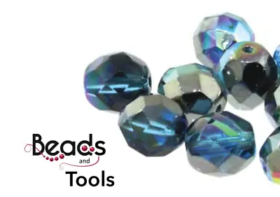 Czech Fire Polished Glass Beads 4mm Aqua Graphite Rainbow (40pc) - BEADS & TOOLS • $4.20