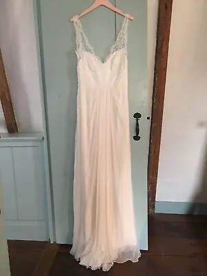 Monique Lhuillier  Calypso  Lace Silk Chiffon Wedding Dress 10 Ivory Bridal Gown • $775