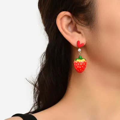 Funny Red Heart 3D Acrylic Fruit Resin Strawberry Drop Dangle Girl Gift Earrings • $1.99