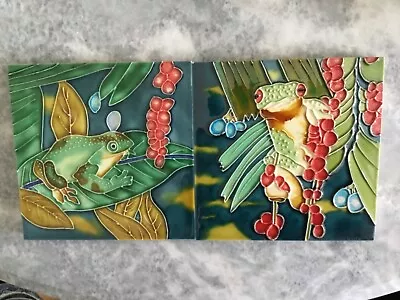 2 Ceramic Frog Tiles Picture Plaque Wall Sign Tube Lined Lovely Colours 6” Sq. • £20