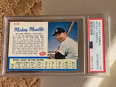 1962 Post Cereal Mickey Mantle PSA A Authentic Hand Cut Card NEW CASE GREATCOLOR • $97.95