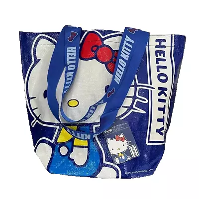 New Hello Kitty Cat LARGE Plastic Blue Shoulder Handbag Book Shopping Tote Bag • $25.74