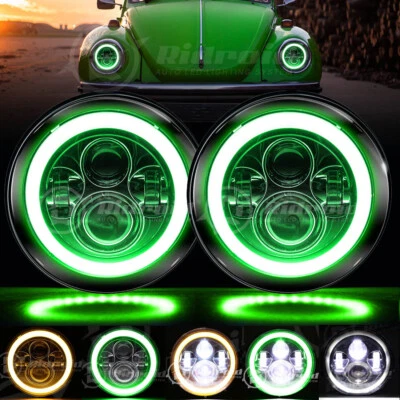 Green Halo 7  LED Headlights Hi/Lo For VW Beetle Bug 1967-79 Super Beetle 71-79 • $49.99