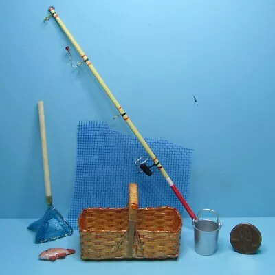Dollhouse Miniature Fishing Set With Pole Basket Nets Fish & Bucket G8556 • $31.49