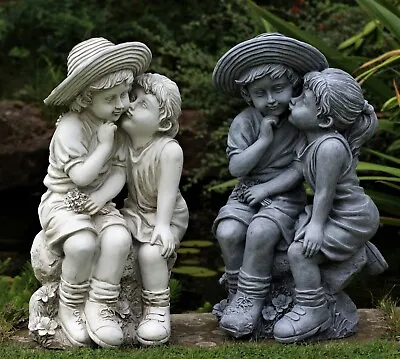 Garden Ornaments Boy & Girl Loving Kissing Cherub Statue Decor Beige Grey Large • £16.95