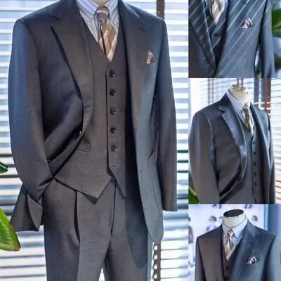 Classic Men's Suit Three-piece Grey Slim Jacket Vest Trousers Business Custom • $115.33