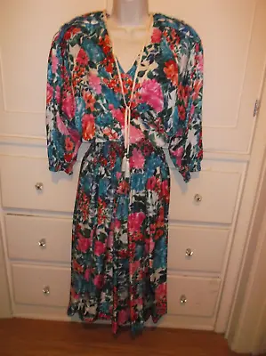 VINTAGE 1980s DIANE FREIS ORIGINAL COLORFUL FLORAL PLEATED SHOULDERS SILK DRESS • $60