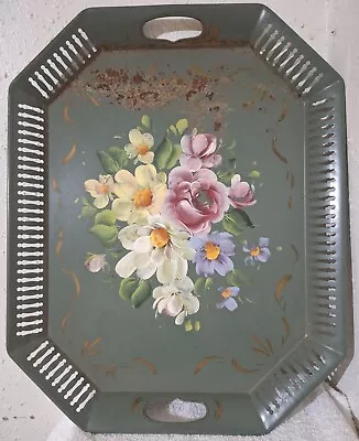 Vintage Toleware Metal Green Floral Tray With Handles  • $15