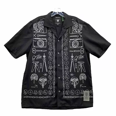 G-Star Raw Shirt Sz L Black Doodle Photography Drawings Print Short Sleeve Men's • $32.68