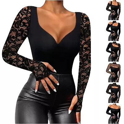 Womens Long Sleeve Shirts Slim Contrast Lace Cold Shoulder Sexy T Shirt Tee Tops • £13.96