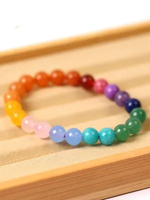 Rainbow Gemstone Bracelet Bead 7 Chakra Natural Stone Stretch Reiki Jewellery • £3.95