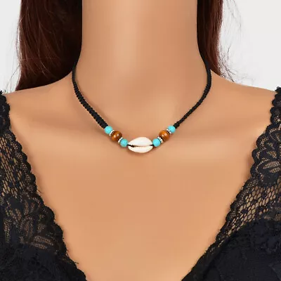 $3.99 • Buy Ethnic Black Rope Handmade Turquoise Beads Shell Collar Necklace African Jewelry