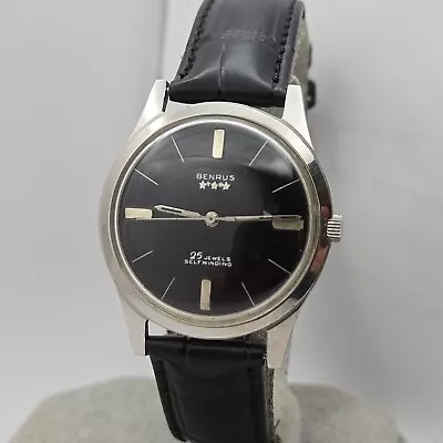 Vintage BENRUS Men's Automatic Watch ETA 2451 25Jewels Black Dial Swiss 1960s • $199