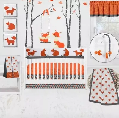 Bacati Neutral Playful Fox Orange/Grey 10 Piece Crib Bedding Set W/ Mobile • $98