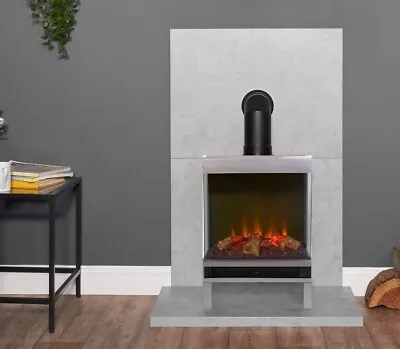 Grey Electric Stove Log Fire Concrete Effect Large Back Panels Hearth Flue Pipe • £259.49