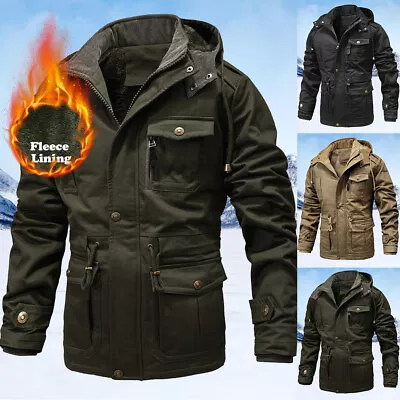 Mens Fleece Lined Hooded Coat Zip Up Winter Warm Thermal Outdoor Outwear Jacket • $80.99