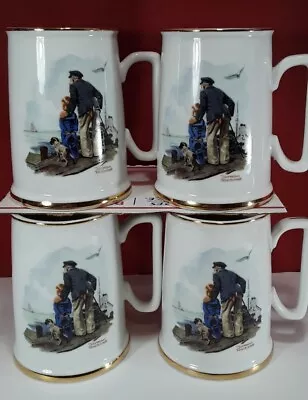 NORMAN ROCKWELL Porcelain Mugs Gold Rims  Looking Out To Sea  1984 Lot Of 4  • $9.88