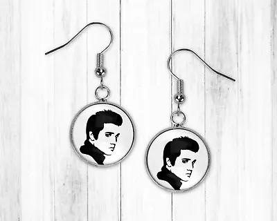 Elvis Presley Silver Earrings Glass Charm Monochrome Rock Roll King Gift Idea • $8.99