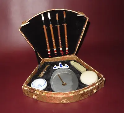 Vintage 11-pc Zhengda Chinese Paint Calligraphy Set Fan Shaped Satin Lined Box • $28.50