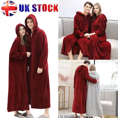 Hooded Mens Womens Dressing Gown Bath Robe Warm Soft Fleece Zip Up Long Robes UK • £25.45