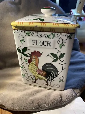 Vintage Ucagco Early Provincial Rooster N Roses Yellow Flour Canister 6” • $15.99