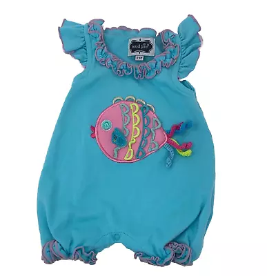 Mud Pie Baby Girls 0-6 Months Blue Ruffled Fish Appliqué Bubble Romper • $14.99