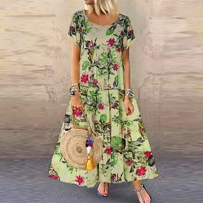 Plus Size Womens Floral Maxi Dress Ladies Short Sleeve Loose Summer Kaftan Dress • $23.59