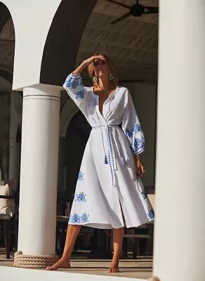 NEW Melissa Odabash Audrey Long Celeste Blue White Kaftan One Size • £99