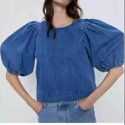 Zara Blue Denim Balloon Puff Sleeve Top Women’s Size XL • $32